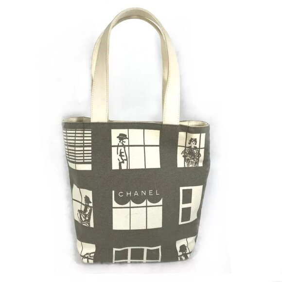 CHANEL Windows line Hand Bag Tote Bag Shoulder Bag Canvas Gray x White - Picture 1 of 15